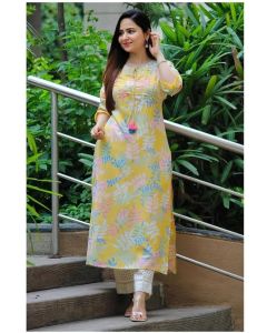Women Printed Viscose Rayon Straight Kurta  (Yellow)