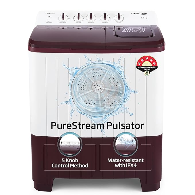 Voltas Beko, A Tata Product 7 Kg 5 Star Semi-automatic Top Load Washing Machine with PureStream Pulsator Wash Technology (WTT70UHA/OK5R0R0W01, Burgundy, 5 Knob Control Method)
