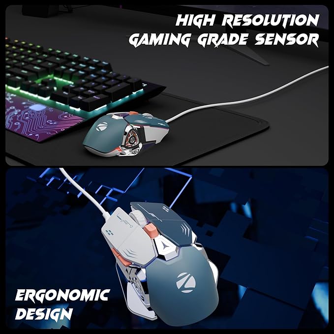 ZEBRONICS Transformer M Plus Wired Gaming Mouse, Up to 12800 DPI, 6 Buttons with a 6-Level DPI Switch, 8 RGB Modes, 1000Hz Polling Rate, 1.5m Detachable Cable, Gaming Grade Sensor (Grey + Blue)