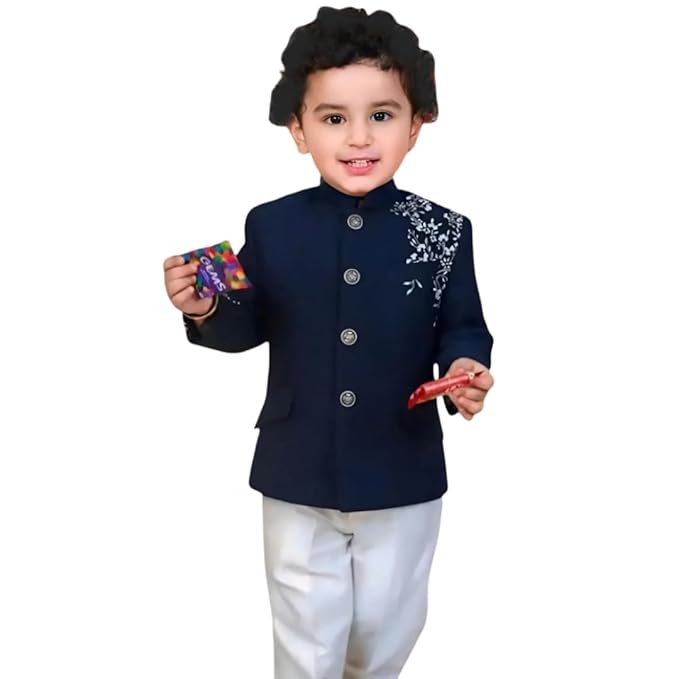 Baby Boy Sherwani Set for Wedding &amp;amp;amp;amp; Festivals | Navy Blue Art Silk Embroidered Jacket with White Cotton Pant | Traditional Dress for Boys 1-8 Years