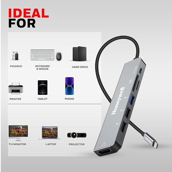 Honeywell 7-in-1 TypeC Docking Station with 4K HDMI,1xUSB 3.0, 2xUSB 2.0 &amp;amp; TypeC 3.0 PD 100W Charging Port, SD &amp;amp; Micro SD Slot,for All Type C Devices- MacBook,Laptop, Thunderbolt 3,PC,3 Years Warranty