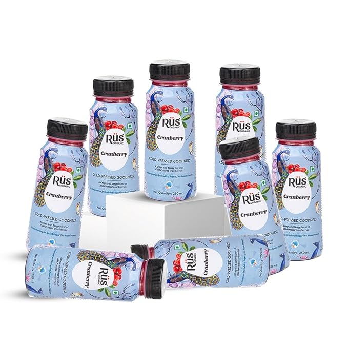 Rus Organic Cranberry Juice | Cold-Pressed &amp;amp; 100% Natural | No Added Sugar or Preservatives | Immunity Booster | Rich in Antioxidants | Refreshing Summer Drink | Pack of 8 (250ml Each) | Travel Juice | Real Cranberries