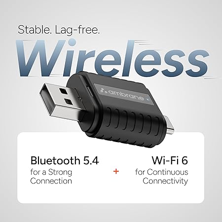 Ambrane 2 in 1 Wireless CarPlay &amp; Android Auto Adapter | Convert Wired to Wire-Less CarPlay/Android-Auto | Plug &amp; Play USB Dongle | Bluetooth 5.4 + Dual-Band Wi-Fi | Works with iPhone &amp; Smartphone