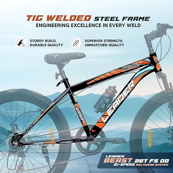 Leader Beast 26T Multispeed (21 Speed) Front Suspension &amp; Dual Disc Brake, Ideal for 12 + Years, Adult,Mountain Bike,Black/Orange,Unisex-Adult,Front,16