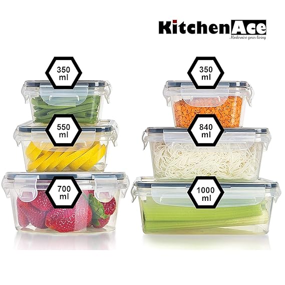 Kitchen Storage Box with Lid, Plastic Fridge Storage Containers Set to keep Vegetables and Fruits Fresh in the Refrigerator Snap-Seal (6-Pc) Black, Transparent