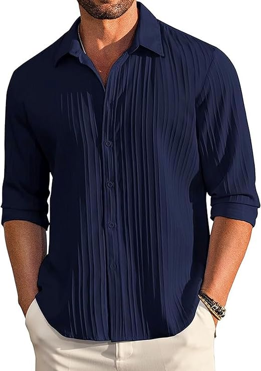 Men&amp;#039;s Casual Button Down Shirts Long Sleeve Linen Shirt Fashion Textured Beach Summer Shirt