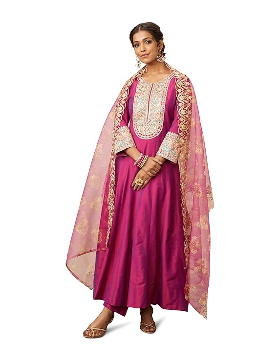 Myx Women&amp;#039;s Embroidered Anarkali Kurta Pant Set with Organza Dupatta | Viscose,Rayon | A-line fit