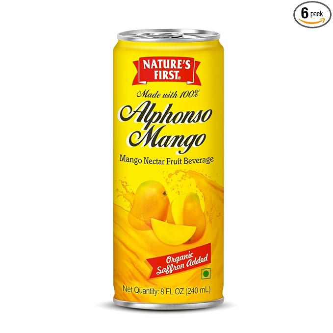 Nature&amp;#039;s First Alphonso Mango Juice (Pack of 6 x 240ml can) with Saffron, All Natural Fruit Drink, Source of Vitamin C, Rich in Fiber