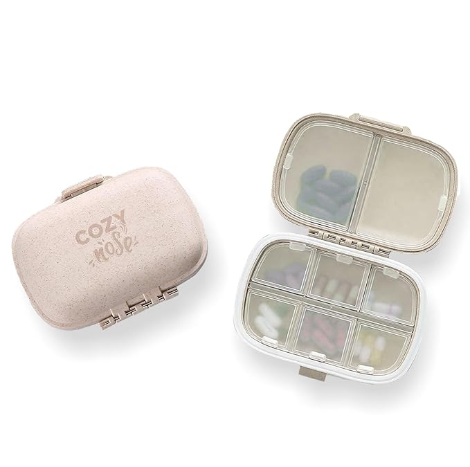 Pill Medicine Organizer Storage Box with 8 Compartments - Moisture Proof, Made of Food Grade Cereal Fiber, BPA free Wheat Straw Material, Ideal for Travel, Pocket, Purse, Daily Pill Case, Portable Medicine Vitamin Holder Container - 1 Pc (Beige)