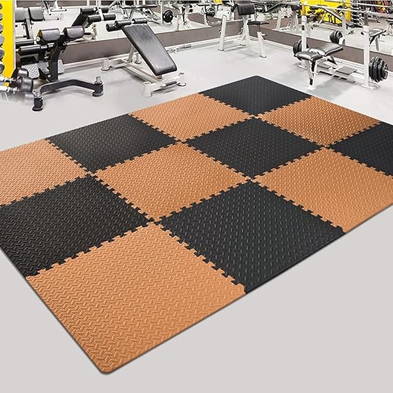 Exercise Mat Puzzle Gym Mat Interlocking Foam Mats EVA Foam Floor Tiles with Protective Flooring for Gym Equipment Workouts, 12mm Thick (Brown - Black 12mm, 6 Tiles - 24 Square Feet)