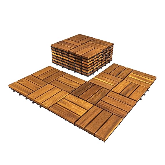 Pack of 10 Deck Tiles - 12"x12" Interlocking Natural Solid Acacia Wood for Outdoor &amp; Indoor, Patio Garden, Balcony, Poolside - Golden Teak Color
