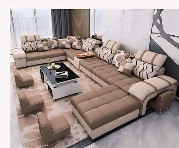 Torque - Galster 12 Seater Sofa Set for Living Room (Right Side, Brown &amp; Beige) | U Shape Sectional Sofa Set with Cup Holder &amp; Storage with 4 Puffy