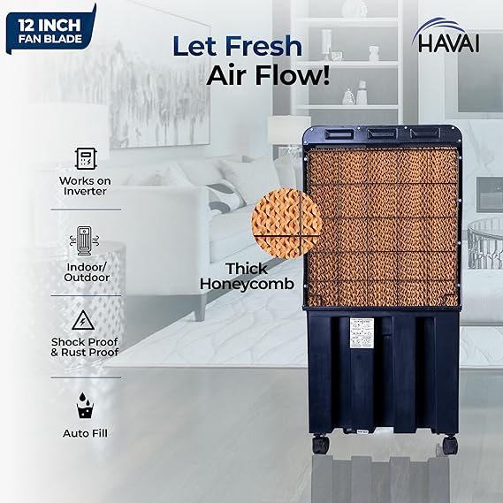 HAVAI Thunder-75 Tower Air Cooler | 70L Tank | 12″ Blade | Ideal for 150 sq ft Rooms | 130W Power | 10 ft Air Throw | 1350 RPM | Auto-Louver | 3-Speed | 1-Year On-Site Motor Warranty (Black)