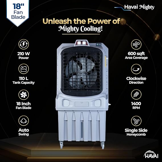 Havai Mighty 18" Air Cooler | 18 Inch Blade | 110L Tank Capacity | 210W Power | 600 Sqft Coverage | Auto Swing | Thick Back Honeycomb | Clockwise | Lockable Wheels