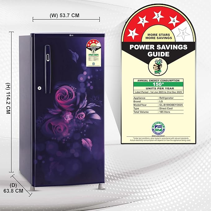 LG 185 L, 4 Star, Smart Inverter, Direct-Cool Single Door Refrigerator (GL-B199OBEY, Blue Euphoria, Smart Connect &amp; Fast Ice Making)