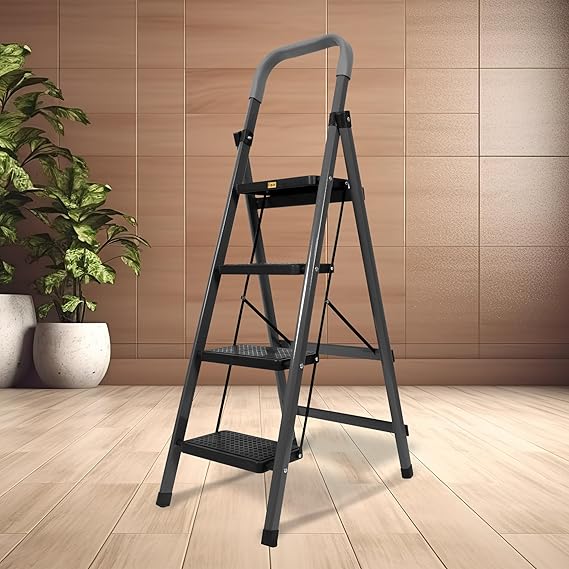 Equal 4-Step Ladder for Home | Carbon-Series Steel Folding Step Ladder with Wide Anti-Skid Steps