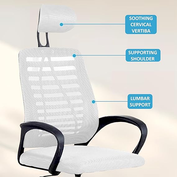 Casa Copenhagen,Mesh Office Desk Chair,Rocking Ergonomic Computer Chair Adjustable High with Headrest and Comfortable Armrest Swivel- Jet Grey &amp; White Handle