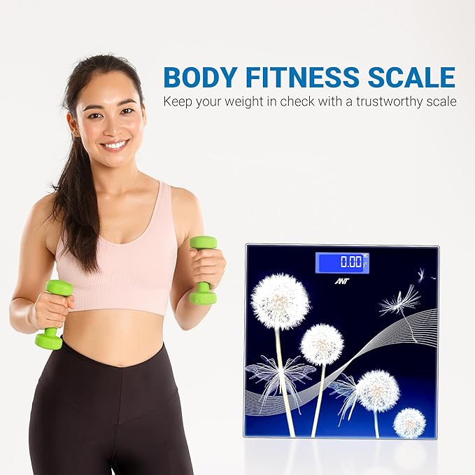 ANT Flora Dandelion Personal Digital Bathroom weighing scale for Human body Weight measurement with Wide LCD Display Thick Tampered Glass for Home &amp; Gym with 30 Months Warranty - Black