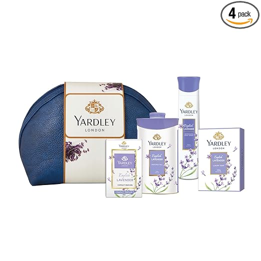 Yardley London English Lavender Range Gift Kit with Free Pouch, 518 ml (Pack Includes Compact Perfume, Deo, Soap, Talc)