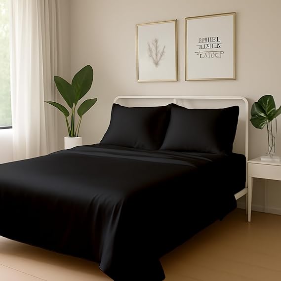 Day Care® Premium Satin Bedsheet Double Bed with Pillow Covers | Romantic Night 400TC Satin Bedsheet | Gift for Women &amp; Couples Home Furnishing | Date Night Collection - 90x100 Inch Midnight Black