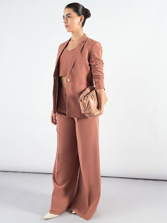 Powersutra Women’s Dusty Peach 3-Piece Formal Suit | Tailored-Fit Blazer, Waistcoat &amp; Mid-Rise Trousers | Stretchable Fabric, Notched Lapel, Button Closure | Office &amp; Business Wear