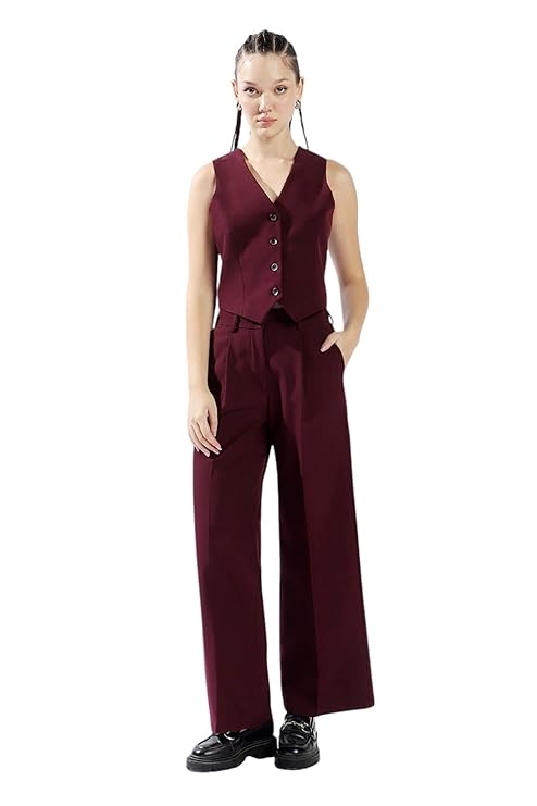 High Star Women Solid Regular Length Tailored Fit V Neck Sleeveless Waistcoat and Wide Leg Trouser Co-ord Set