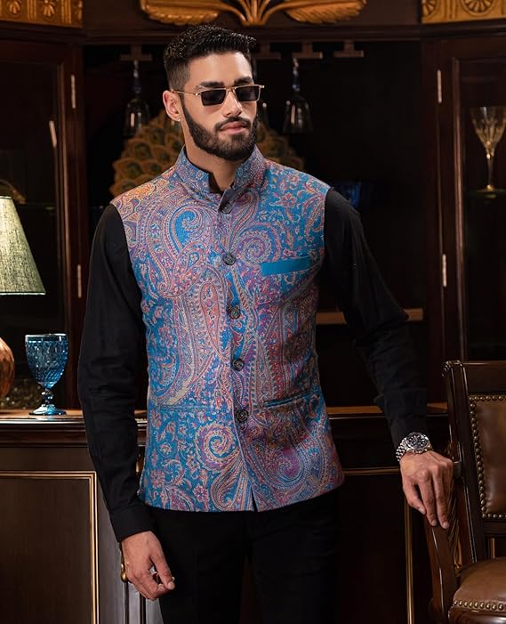 Pashtush Mens Woven Jacquard Waistcoat, Structured Slim Fit, Saphire Blue