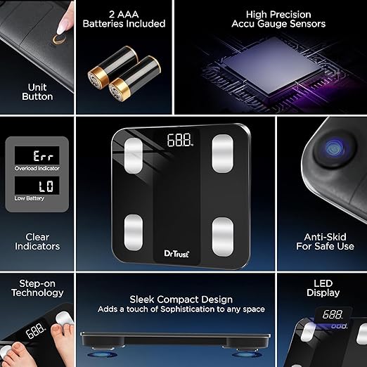 Dr Trust USA 526 Legend BMI Weight Scale &amp; Body Fat Analyzer with IOS/Android App Sync,14 Essential Composition Metrics Weighing Machine for Home Health Monitoring (Black)