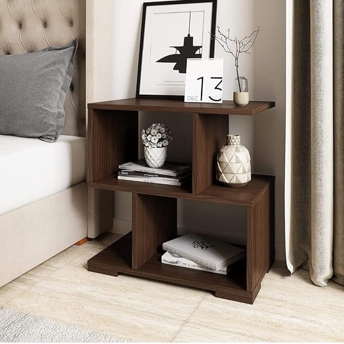 HIGH Domain Modern Wooden Bedside Table/Side Table for Living Room &amp; Bedroom | Multi-Tier Open Shelf Nightstand | Engineered Wood | Dark Brown Finish