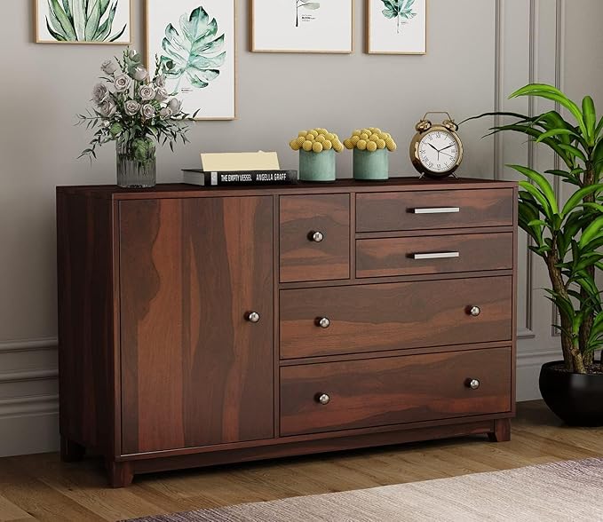 Sheesham Wood Wooden Chest of Drawers: 4 Drawers &amp; 3 Shelves Sideboard Dresser with Ample Storage Space (Harold)
