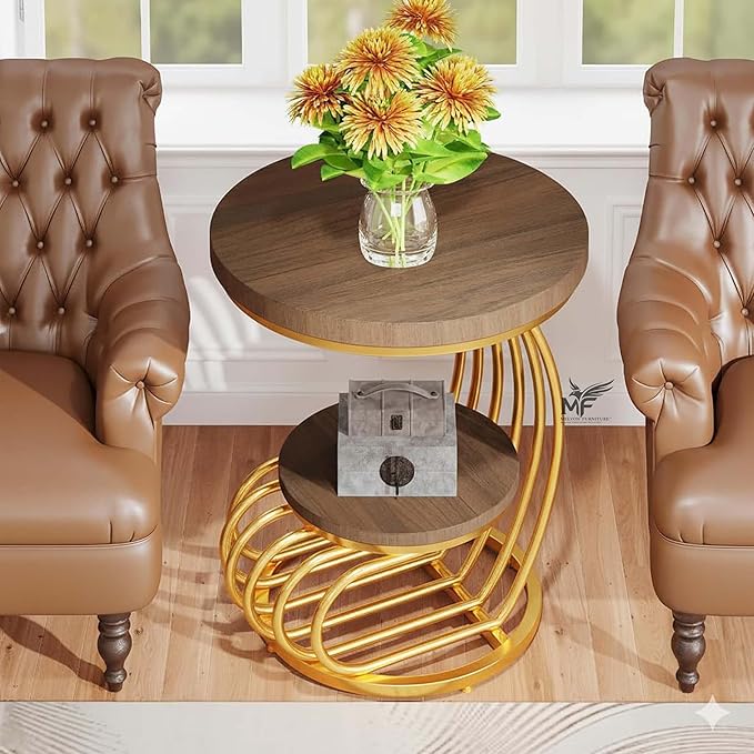 MELVON Furniture Metal Side Table for Living Room, Walnut Engineered Wood Top, 2 Tier Storage Design, Golden Metal Frame, Round 24 &amp; 16 Inch, Gold &amp; Walnut