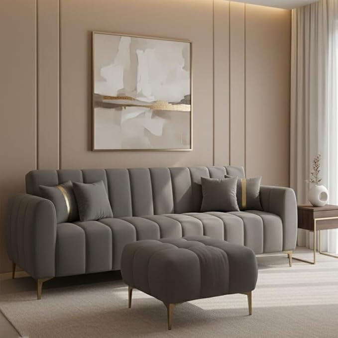 CASASTYLE Hanster 3 Seater Velvet Fabric Sofa Set with Extra Ottoman (Dark Grey) with Golden Finish Legs | Durable &amp; Comfortable | Ideal for Living Room