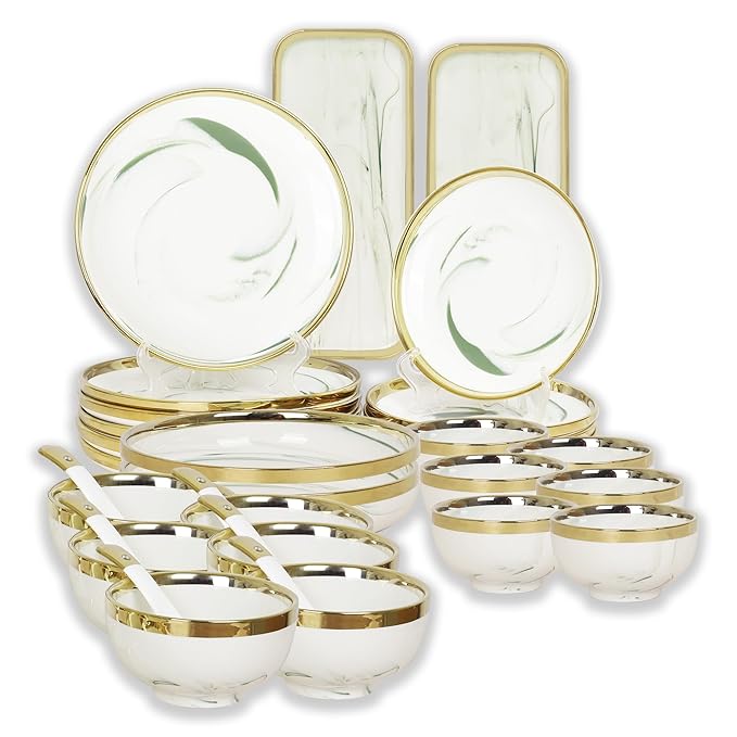 Ceramic Dinner Set of 28 Pieces Elegant Tableware Dinnerware for Personal Use and Gifting (White &amp; Golden) Crockery Set for Dining Table Dining Sets Crockery Items Glossy Finish (LCH-15D)