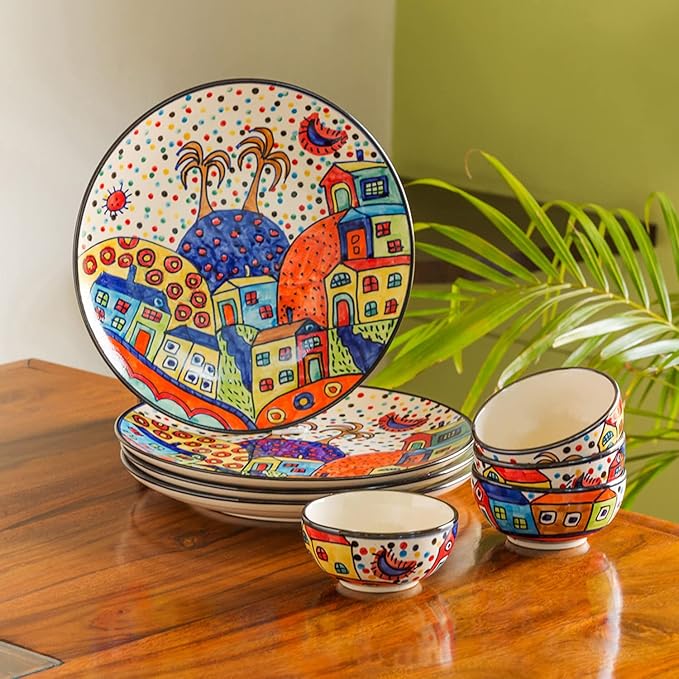 ExclusiveLane 'Hut Dining' Ceramic Dinner Set (8 Pieces, Serving for 4, Dishwasher &amp; Microwave Safe, Handpainted) |Dinner Set for Gift Ceramic Plates and Bowls Set Dinnerware Sets Plates for Dinner