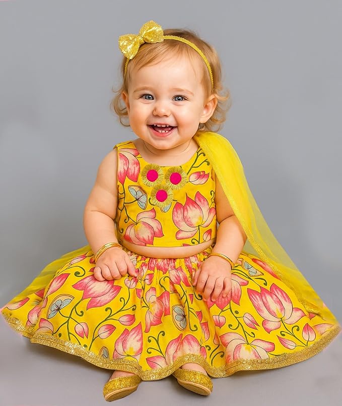 A.T.U.N. (ALL THINGS UBER NICE) Baby Girls Cotton Ethnic Floral Lehenga Choli Set with Lace &amp; Dupatta | Traditional 3-Piece Festive Outfit for Kids