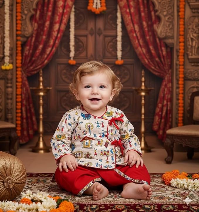 A.T.U.N. (ALL THINGS UBER NICE) Cotton Warli Printed Dhoti Kurta Set for Baby Boys | Ethnic Festive Clothing Set | Traditional Comfort Outfit