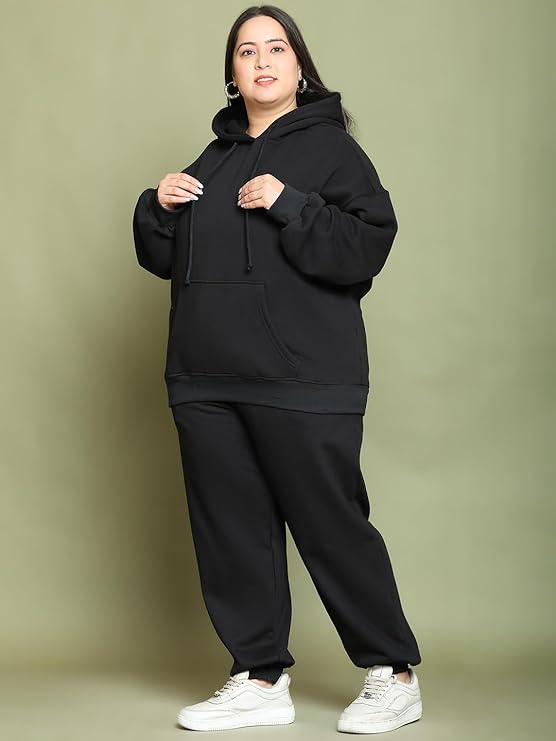 UnaOne Women Black Solid Plus Size Oversized Tracksuit set Outfits 2025 Fall Fashion Airport Wide Leg Pants Lounge Set Leisure Travel Vacation Clothes Sweatshirts &amp; Pants Set