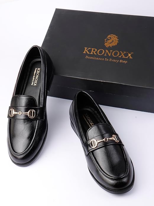 Men's Leather Loafers | Black Slip-On with Rose Gold Buckle | Cushioned Insole | TPR Anti-Slip Sole | Premium Footwear | UK 6-11
