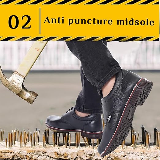 STONIX® Formal Premium Safety Shoes for Men's | Steel Toe cap | Slip and Water Resistant | Leather Material &amp; TPR Sole | Comfortable for Construction Work's,(SIZE-09, BLACK)