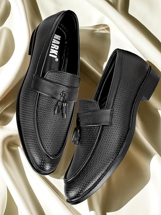 NARKI Men's Black Textured Leather Tassel Loafers – Stylish Slip-On Formal Shoes for Office