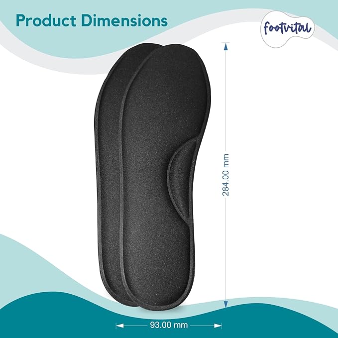 Footvital Memory Foam Shoe Insoles Comfortable Insoles Supports Heel &amp; Arch Absorbs Foot Sweat &amp; Moisture Ultra Soft Cushioned Lightweight Durable Washable Pads for Men &amp; Women Black (1 Pair)(Size-6)