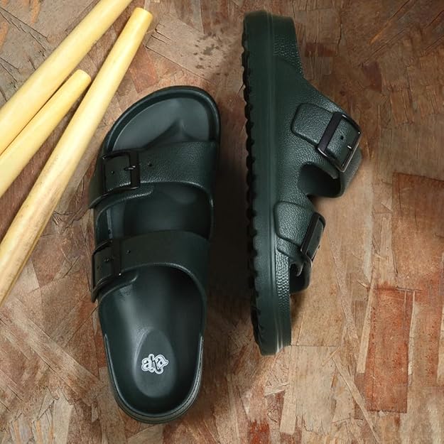 Liberty A-HA COMMIT Slippers for Men - Black, Light Grey &amp; Olive Green | Casual Slip-on Flats/Slippers Footwear - Buckle Closure | Casual Outdoor Chappal, Monsoon, Rainy Season Footwear for Man