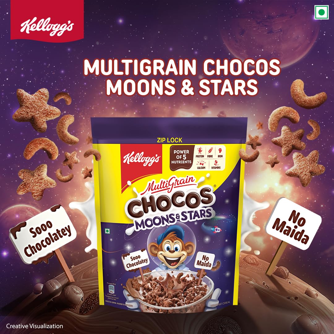 Kellogg's Chocos Moons &amp; Stars, With Whole Grain, Source Of Fibre, High In Calcium &amp; Protein, With 10 Essential Vitamins &amp; Minerals, Breakfast Cereals, 1.15 /1.2 Kg Pack (Weight May Vary)
