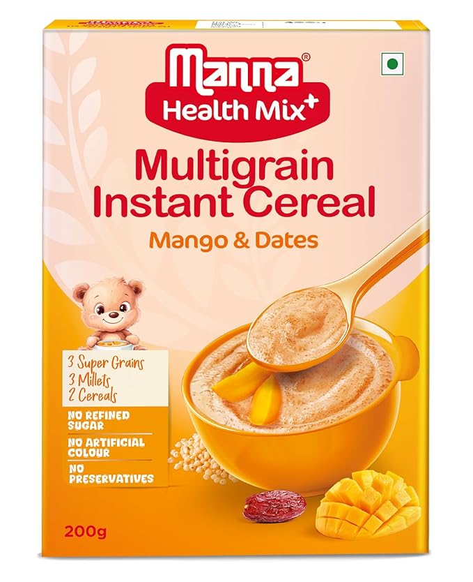 Manna Health Mix Instant Multigrain Cereal, Mango, Banana and Dates with Milk. Made with Real Fruits and 7 Supergrains and Millets. No Added Sugar, No Artificial Colour, Flavours 200g