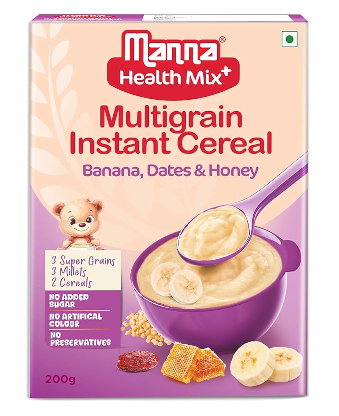 Manna Health Mix Instant Multigrain Cereal, Banana, Dates, Honey with Milk. Made with Real Fruits and 8 Supergrains and Millets. No Added Sugar, No Artificial Color, Flavors 200g