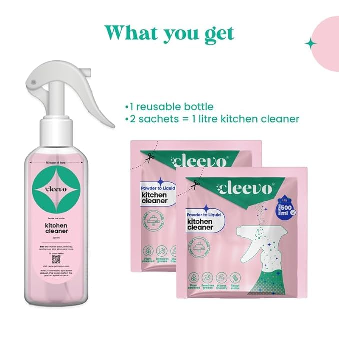 Cleevo Kitchen Cleaner Spray- 1L Bottle Pack | Natural Plant-Based Cleaning Spray for Tough Stains, Gas Stove, Countertop, Chimney | Grease &amp; Grime Remover | All-in-One Kitchen Surface Cleaner