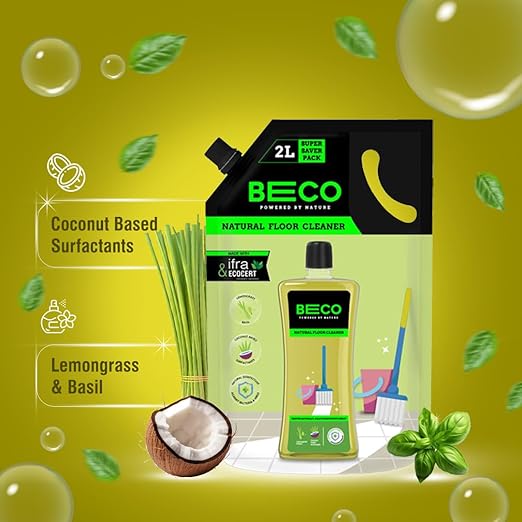 Beco Natural Disinfectant Surface &amp; Floor Cleaning Liquid | 2L Refill Pack | Non Toxic Germ Kill Formula | Lemongrass &amp; Basil Freshness |Safer than Phenyl| Kids Safe, Pet Friendly Floor Cleaner Liquid