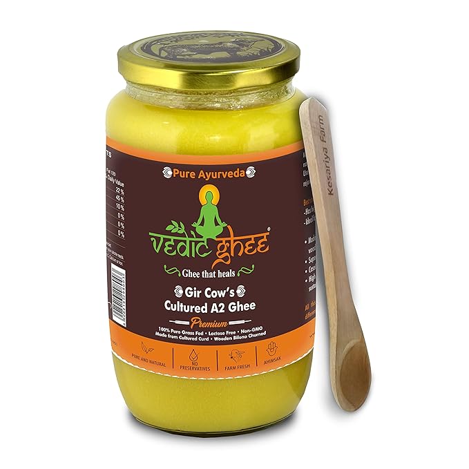Vedic Ghee Premium A2 Gir Cow Cultured Desi Ghee from Kesariya Farm | Vedic Bilona Two Way Churned | Indian Gir Cow Ghee, Pure A2 Ghee, Natural &amp;amp; Healthy, Non-GMO | Lab Certified (1L)