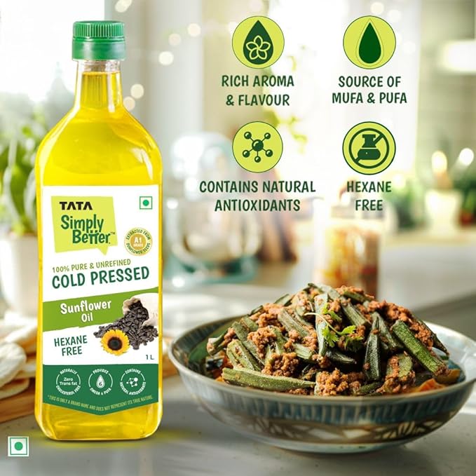 Tata Simply Better Pure &amp; Unrefined Cold Pressed Sunflower Oil, Hexane Free, Kolhu/Chekku, Cholesterol Free, Provides 6 Omega 6 PUFA, Contains Natural Antioxidants, For All types of Cuisines, 1L