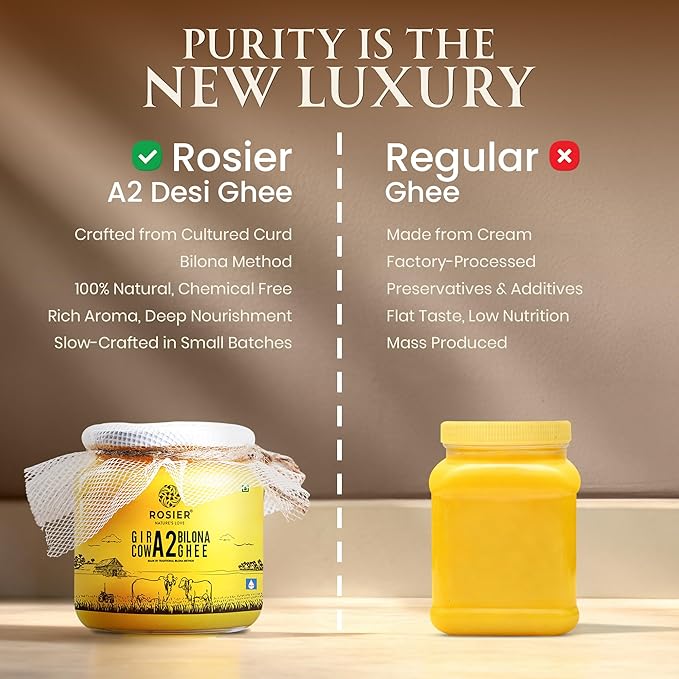 ROSIER A2 Gir Cow Ghee (250 ml) | Traditional Bilona Method A2 Cow Ghee | Grassfed, Pure and Healthy Desi Cow Ghee (Glass Bottle - 250 ML)